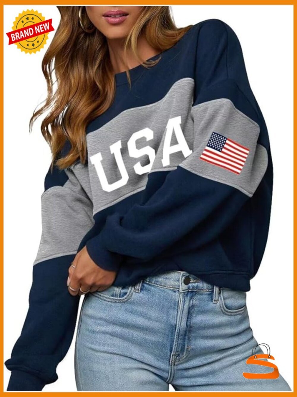 Womens Oversized USA Sweatshirt Crewneck American Flag Long Sleeve Pullover